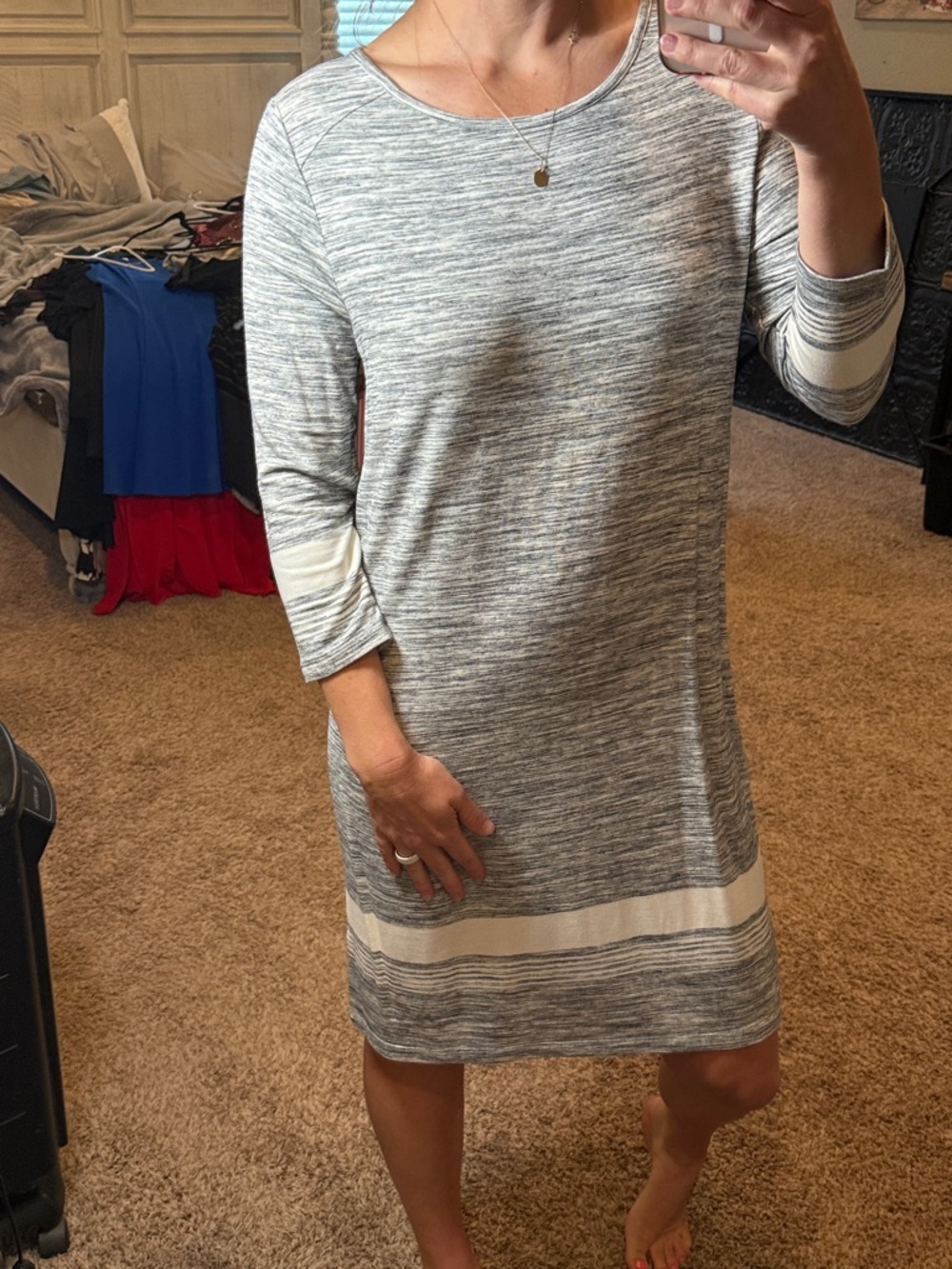 Heathered Gray Midi Dress with White Band Accents
